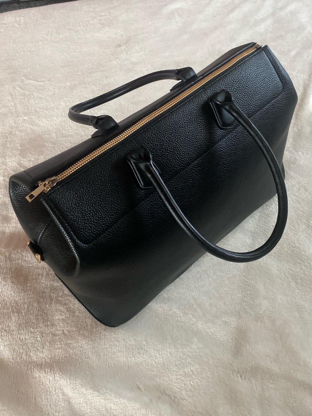 Structured Black Faux Leather Duffel Bag with Gold Zipper